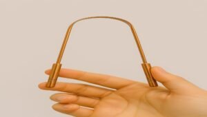 pessoa com raspador de língua feito de cobre na mão