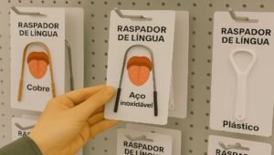 pessoa escolhendo um raspador de língua